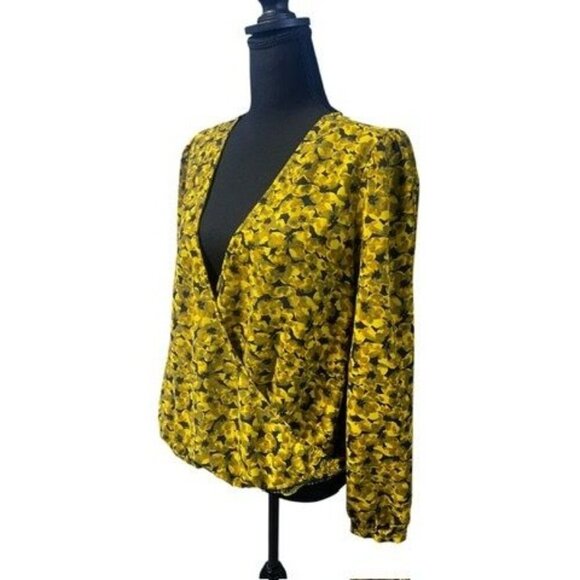 A. New Day Yellow Floral Long Sleeve V-Neck Wrap Blouse, Work Atire, OFFICE ATTI - Picture 3 of 15